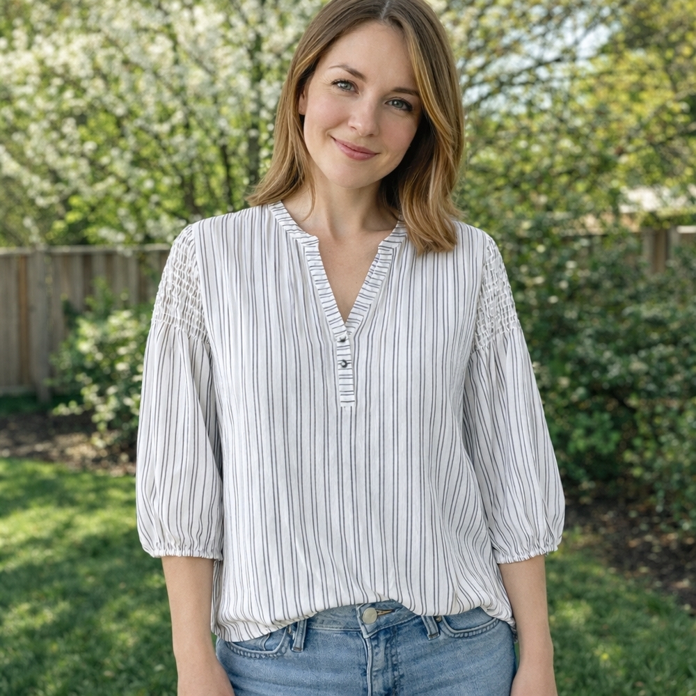 Karl Lagerfeld Black and White Pinstripe Puff Sleeve Blouse